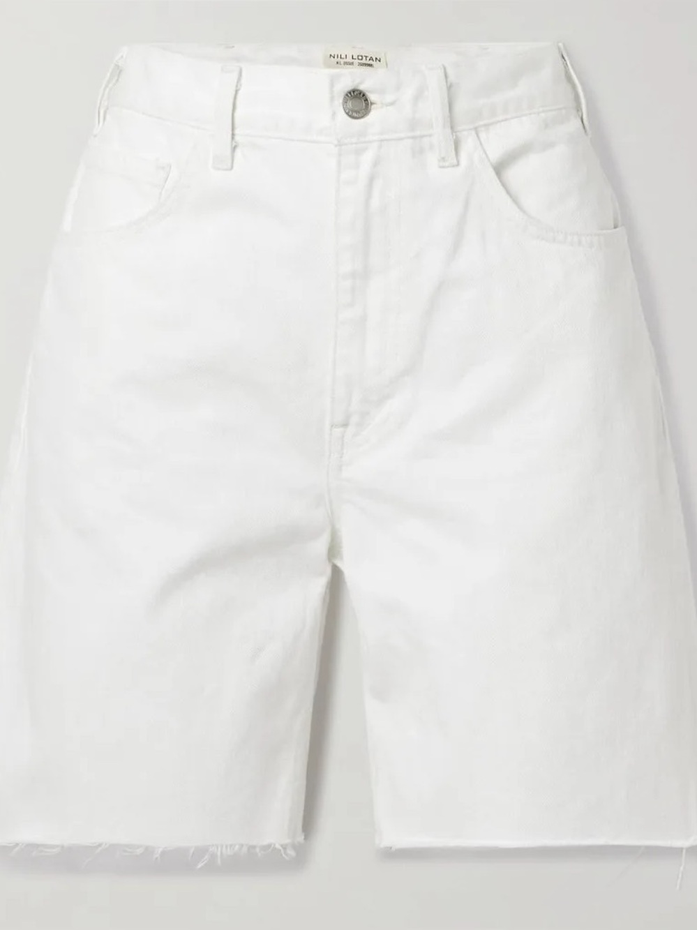Nili Lotan White High-Rise Denim Russel shorts, size 24. Trendy bermuda style